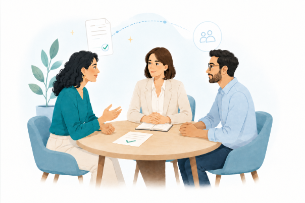 צדדים ובוררת יושבים סביב שולחן במהלך הליך בוררות